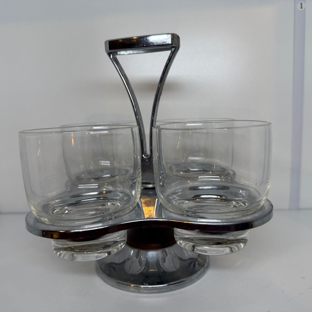 MCM Vintage Barware 1960s Chrome Caddy & Rotating Lazy Susan Set of 4 Glasses - Picture 9 of 9
